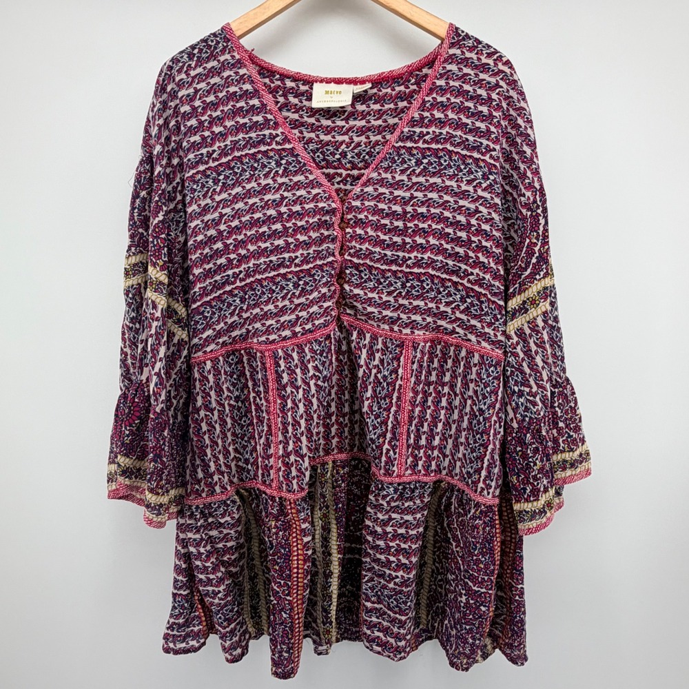 Maeve Anthropologie Tunic Top XL Pink Floral Tiered Babydoll Bell Sleeve Women